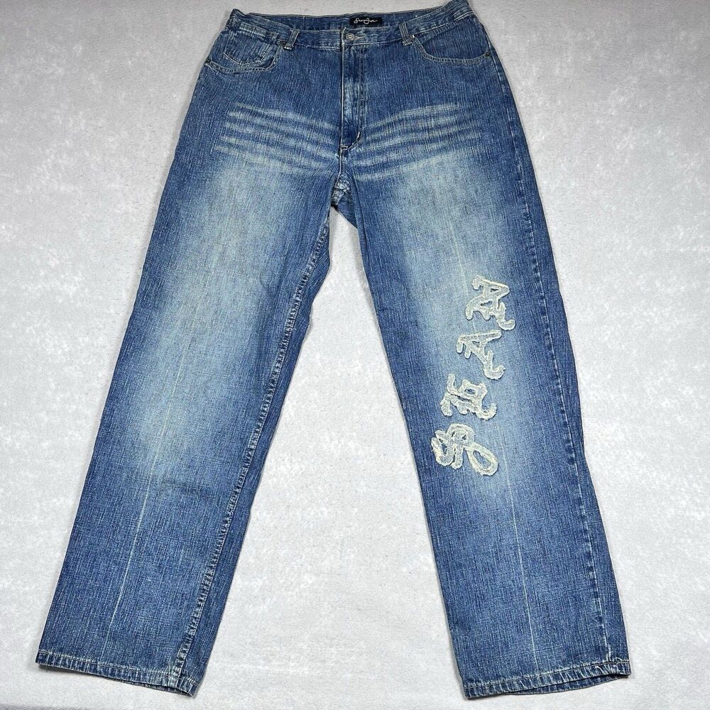 VTG Sean John Jeans Mens 38 Blue Embroidered Grunge Skater Pockets ACTUAL 34x32
